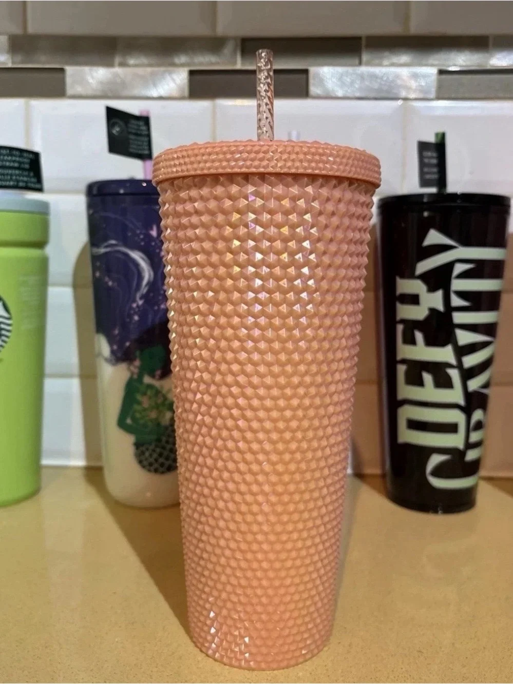 Starbucks 24oz Studded Tumbler Peach Pink Iridescent Venti Cold Cup Straw 2024